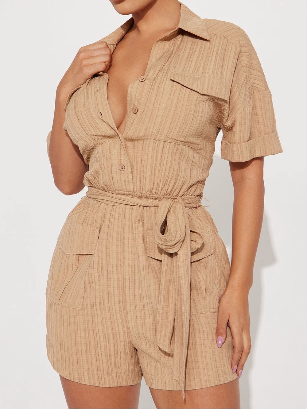 Beige Button-Front Short Utility Romper - Picture 2 of 3